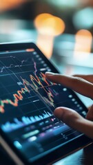 Poster - Stockbroker pointing at tablet screen showing candlestick chart, analyzing cryptocurrency bitcoin investment late at night in office or from home
