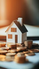 Poster - Miniature house model placed on top of stacks of coins suggesting property investment, mortgage, savings, financial growth, and real estate business concepts