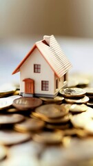 Poster - Miniature house resting on a large pile of coins symbolizing real estate investment, home ownership, mortgage, and the importance of saving for property purchase
