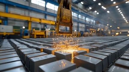 Poster - Molten metal being poured into a mold during an industrial metal casting process at a foundry  The hot glowing liquid metal flows into the mold