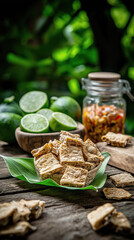 Tropical snack arrangement with limes, dried fruit, and salsa jar in natural setting