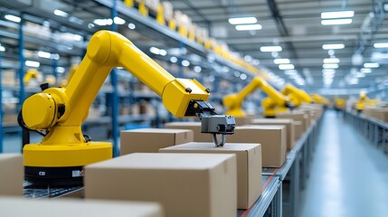 Poster - Automated packaging robots efficiently sorting organizing and boxing various products in a modern technology driven warehouse setting showcasing the future of smart