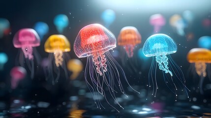 Poster - Glowing bioluminescent jellyfish swimming freely through a bright colorful ocean of liquid light symbolizing the wonders of the underwater world and the power of imagination  This surreal