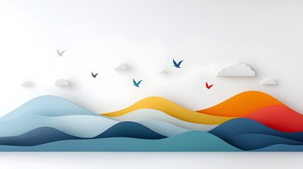 Poster - Vivid dreamlike birds made of abstract colorful shapes and forms flying over a surreal minimalist mountain range symbolizing the freedom of thought and imagination