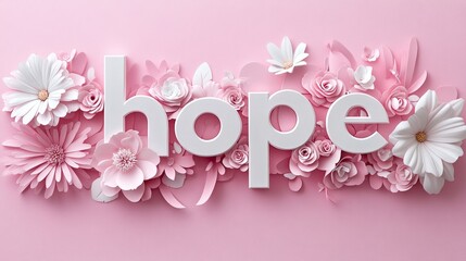 Wall Mural - A minimalistic illustration featuring the word 'hope' surrounded by pink flowers and floral elements on a soft pink background