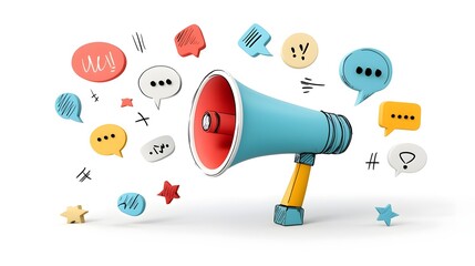 Poster - megaphone with vibrant speech bubbles bursting in all directions on a clean background symbolizing creative messaging and advertising concepts in a contemporary art style