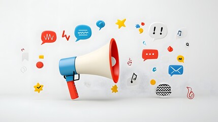 Poster - Vibrant Megaphone with Expressive Speech Bubbles Bursting in All Directions on Clean Background Symbolizing Creative Messaging Advertising Concepts and Modern Communication Technology