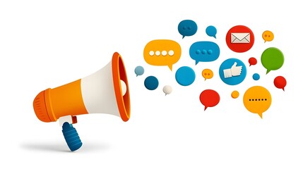 Poster - Vibrant megaphone projecting a cascade of colorful speech bubbles into the space