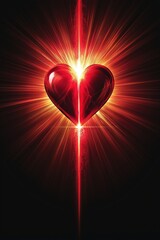 Wall Mural - A vibrant red heart with glowing rays emanating from its center, set against a dark background