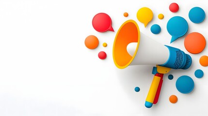 Poster - Vibrant and Colorful Megaphone Device Projecting Speech Bubbles into a Clean Minimalist Background Concept Representing Innovative Marketing Communication and Promotional Campaigns