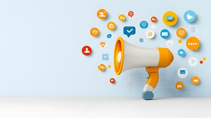 Poster - Abstract of a megaphone with dynamic colorful speech bubbles on a clean minimalist blue background symbolizing marketing strategies social media outreach and digital communication