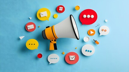 Poster - Vibrant Modern Megaphone Surrounded by Colorful Speech Bubbles for Marketing Communication and Branding Themes   Depicting Digital Marketing Advertising Campaign and Corporate Messaging Concepts