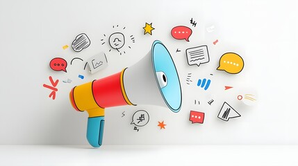 Poster - Colorful Energetic Megaphone with Bursting Speech Bubbles on a Clean Minimalist White Background Representing Dynamic Digital Advertising and Marketing Themes