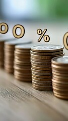 Poster - Stacks of coins rising in height represent the journey of growing investments, illustrating the achievement of 100 percent profit and the essence of successful financial growth