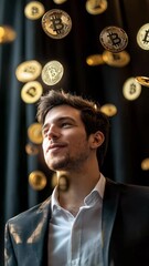 Poster - Happy businessman with white shirt and suit watching golden bitcoins falling from the sky and smiling, representing successful investment in cryptocurrency