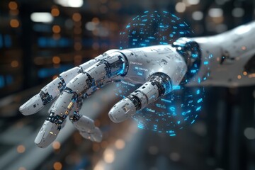 Poster - Futuristic robotic hand reaching out in a digital space