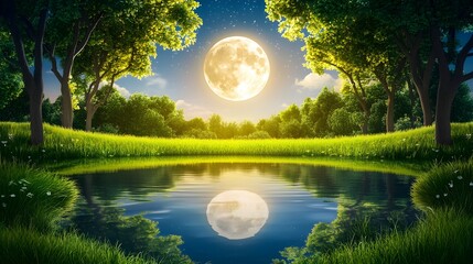 Wall Mural - serene landscape with full moon shining over tranquil water
