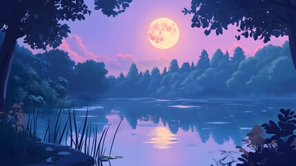 Wall Mural - serene landscape under a full moon shining over calm waters