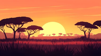 Wall Mural - serene african savannah landscape during stunning sunset view