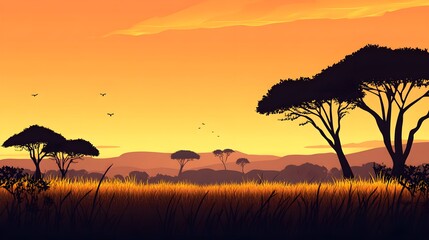 Wall Mural - serene sunset over african savannah with silhouetted trees
