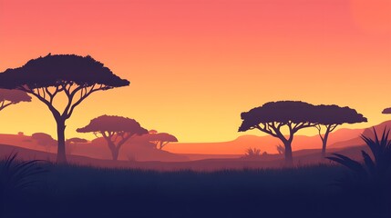 Wall Mural - serene african savannah landscape at sunset with silhouetted trees