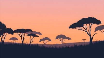 Wall Mural - serene african savannah landscape during sunset with silhouetted trees