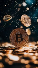 Poster - Gold bitcoin and other cryptocurrency coins are falling on a pile of coins with sparkling bokeh effect, representing investment, finance, and new digital money