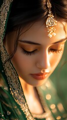 Poster - Close-up of an Indian woman wearing a green traditional outfit and intricate jewelry, with soft lighting highlighting her features