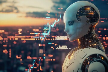 Poster - Futuristic humanoid robot analyzes data in a high-tech city at sunset
