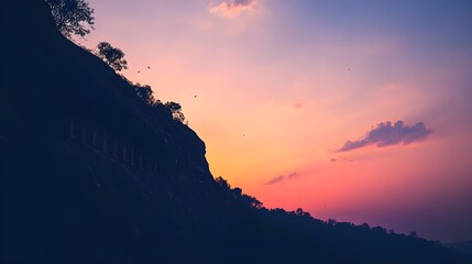 Wall Mural - serene sunset view over ajanta caves in tranquil landscape