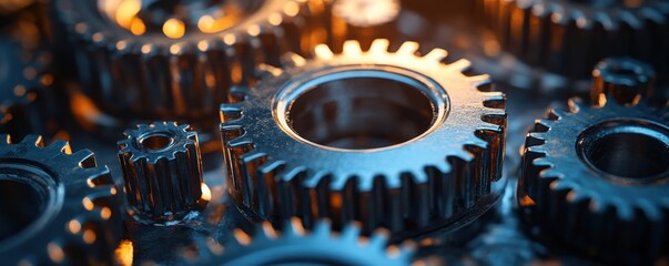 Poster - Intricate close-up of shiny gears and cogs in motion