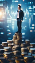 Poster - Businessman standing on a large pile of coins is observing a stock market graph showing positive growth, representing successful investments and financial prosperity in the city at night