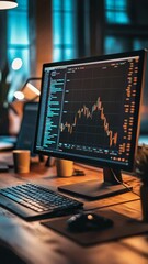 Poster - Stock market data and investment graph being displayed on a computer screen in a dimly lit room at night, suggesting late night financial analysis and trading activities