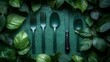 © Linus - A green leafy background with a set of utensils including a knife and spoon