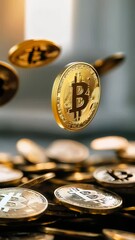 Poster - Several gold bitcoin cryptocurrency coins falling down on a pile of physical bitcoins, representing the concept of investment, finance, and new digital money