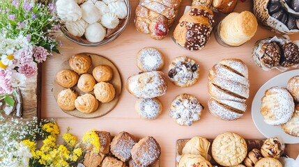 Wall Mural - Delicious Pastry Assortment, Top View of Sweet Breads and Cakes