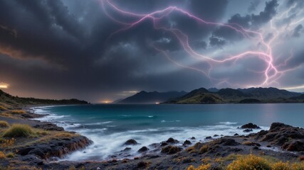 Wall Mural - A stormy sky with lightning and a body of water