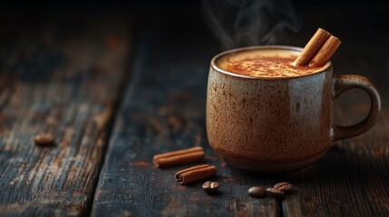 Sticker - A minimalistic photo of a steaming cup of creamy coffee with cinnamon sticks, placed on a rustic wooden surface