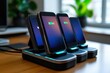 © YouraPechkin - Charging stations with multiple smartphones in a modern workspace during daylight