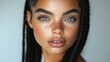 © Blackmint Studio - Charming Mexico woman with long black braided hair and captivating blue eyes posing against a neutral backdrop during a natural lighting setting