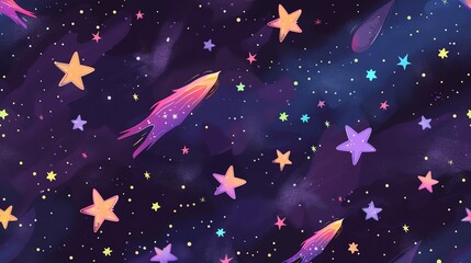 Canvas Print - a seamless pattern of colorful shooting stars and stars on a dark purple space background.
