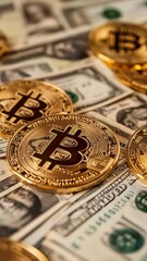 Poster - Shiny golden bitcoins are casually placed on a bed of dollar bills, creating a powerful visual representation of the growing influence of cryptocurrency in global finance and investment