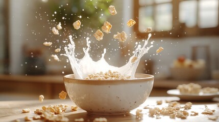 Sticker - A minimalistic image of cereal falling into a bowl, creating a splash of milk in a bright kitchen setting