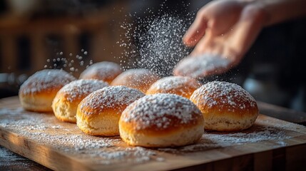 Sticker - A minimalistic scene featuring freshly baked rolls dusted with powdered sugar on a wooden board