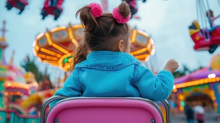 A little girl is sitting in a pink chair at a carnival