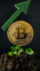 Aufkleber - Gold bitcoin is levitating above a small plant growing from the soil, with a green arrow pointing upwards, symbolizing growth and potential in cryptocurrency investment