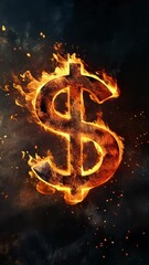 Aufkleber - Glowing dollar sign burning in flames against a dark background, representing financial crisis, inflation, economic downturn, and currency devaluation