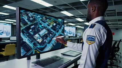 Poster - Security officer wearing uniform is using augmented reality software to monitor the infrastructure of an airport, ensuring safety and efficiency in a high-tech control room