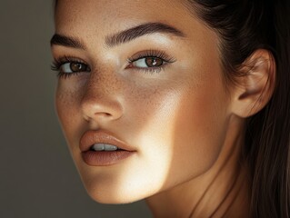 Wall Mural - Close-up of a young woman with glowing skin and striking features illuminated by soft light in a studio setting