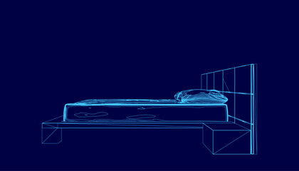Poster - Bed with a pillow on it is shown in a blue color. The bed is empty and the pillow is placed on top of it. The image has a calm and peaceful mood, as it depicts a simple